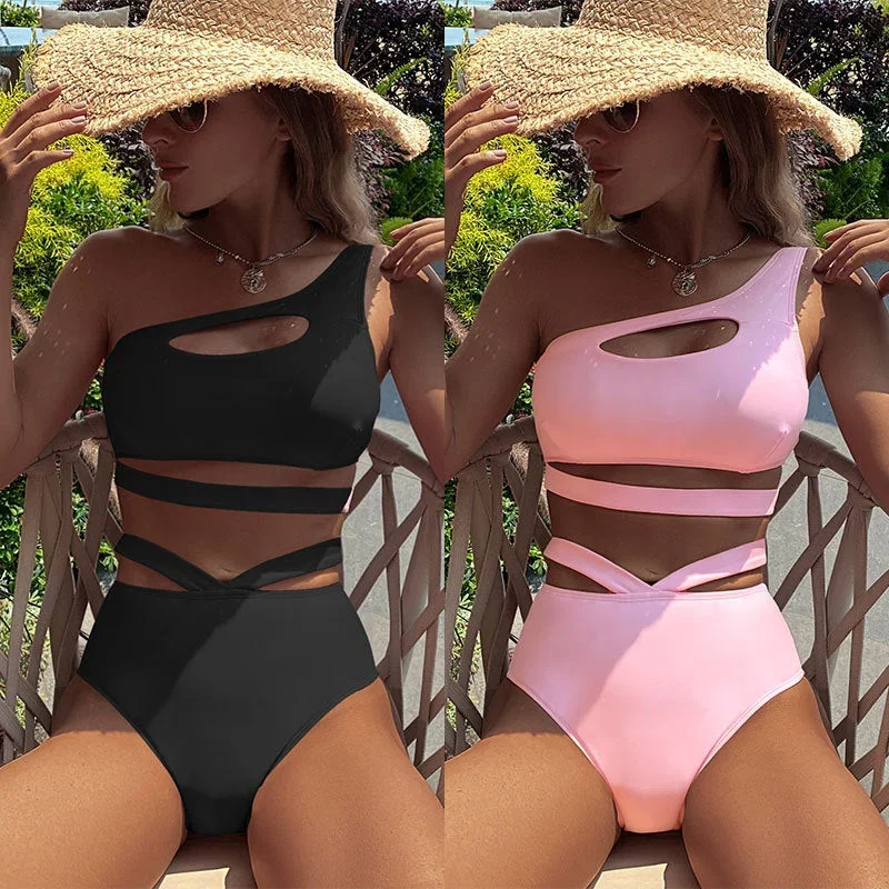 2024 New Swimsuit Solid Color One-shoulder Split Swimsuit High Waist Thong Swimsuit Women  2 Colors