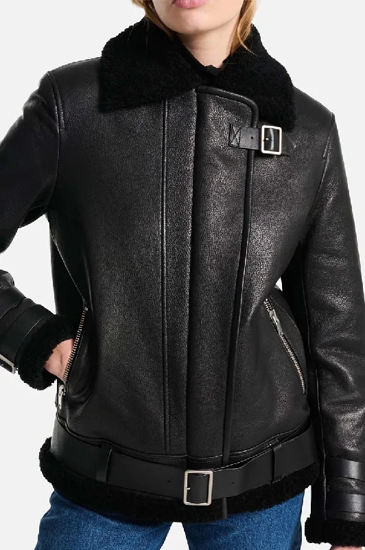 Ena Pelly Hazel Leather Aviator Jacket - Black