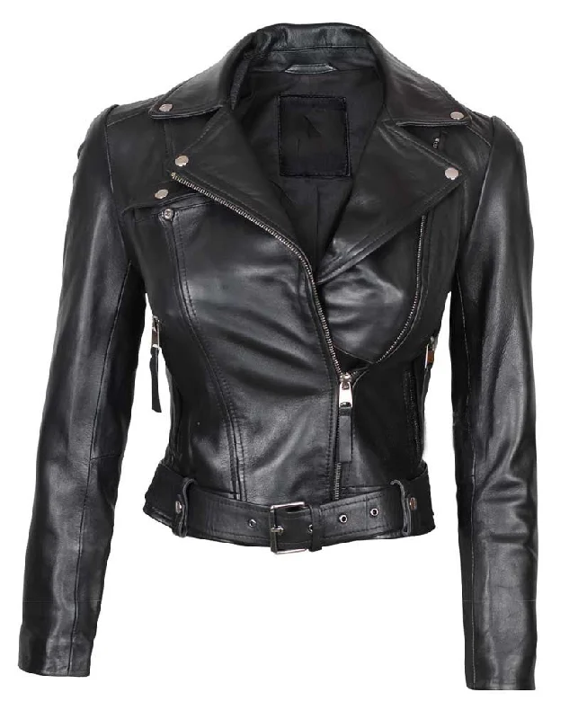 Women’s Black Lambskin Leather Asymmetrical Moto Jacket