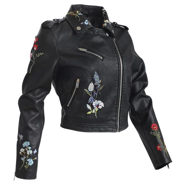 Aonibeier Embroidery  Leather Coat