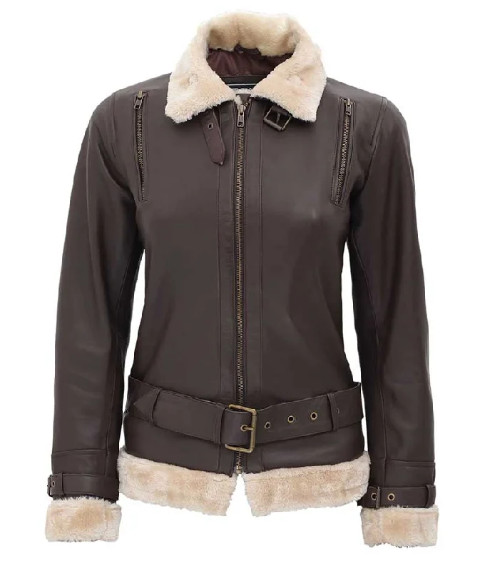 Gertrude Women's Brown Leather Jacket with Fur Collar