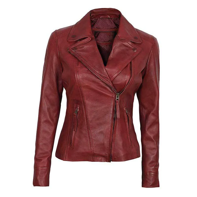 Ramsey Women Red Asymmetrical Slim Fit Leather Jacket