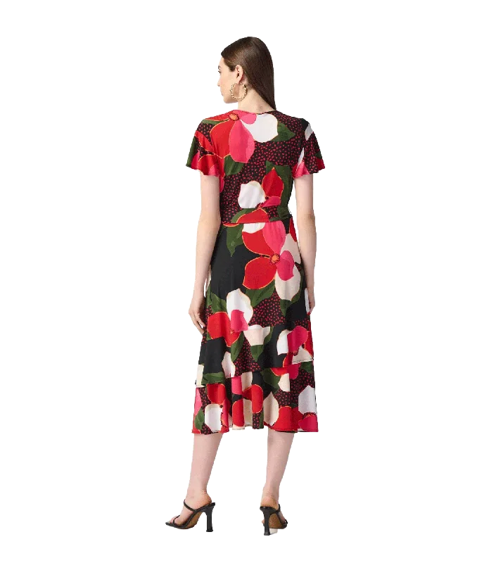 Floral Print Silky Knit Flowy Wrap Dress - Multi