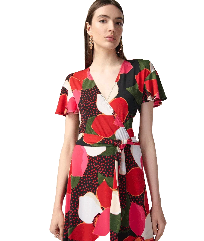 Floral Print Silky Knit Flowy Wrap Dress - Multi