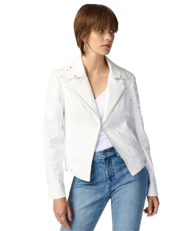 Tudded Foiled Suede Jacket With Floral Appliqué - White