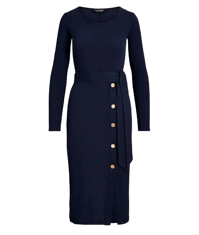 Belted Navy Rib-Knit Dress - Navy