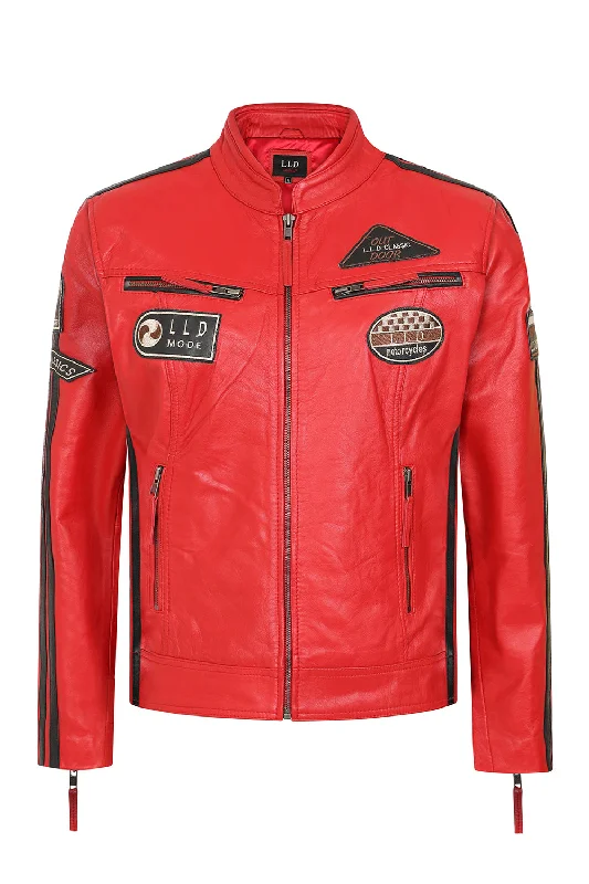 Women's Red Racing Style Leather Jacket with Black Stripes - FRANCIS