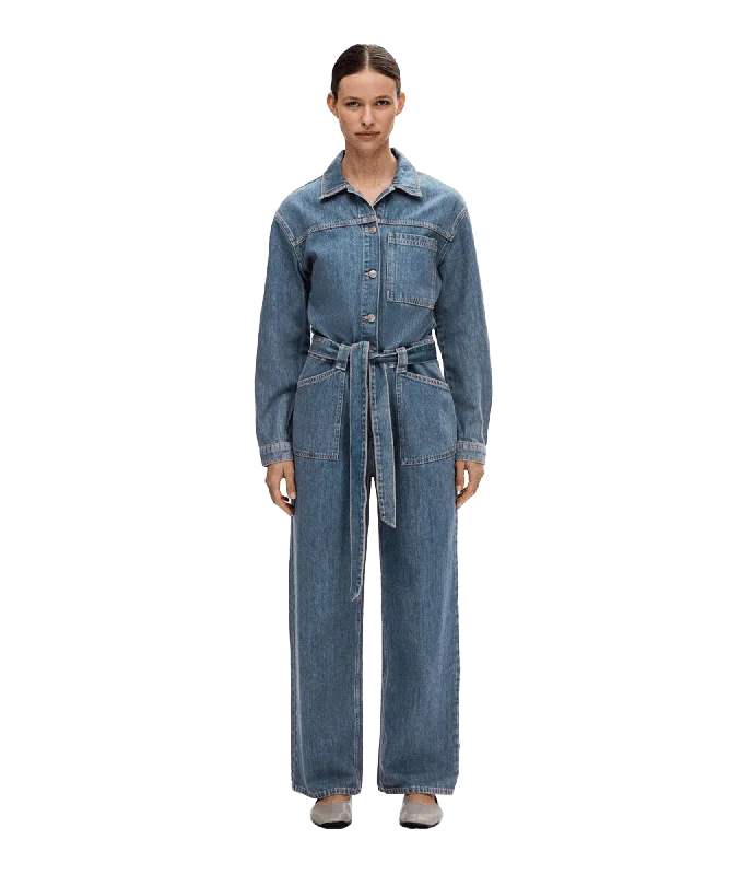 Mid Wash Denim Jumpsuit - Blue