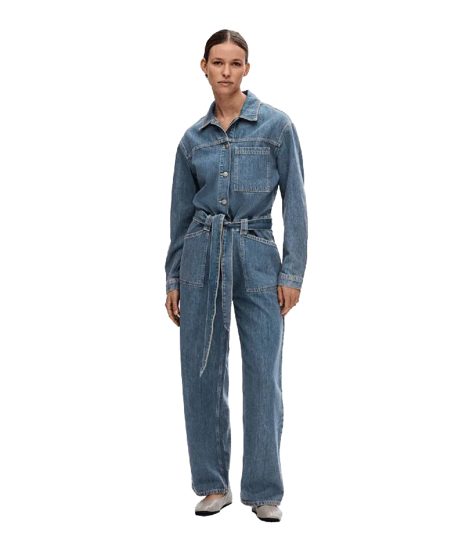 Mid Wash Denim Jumpsuit - Blue