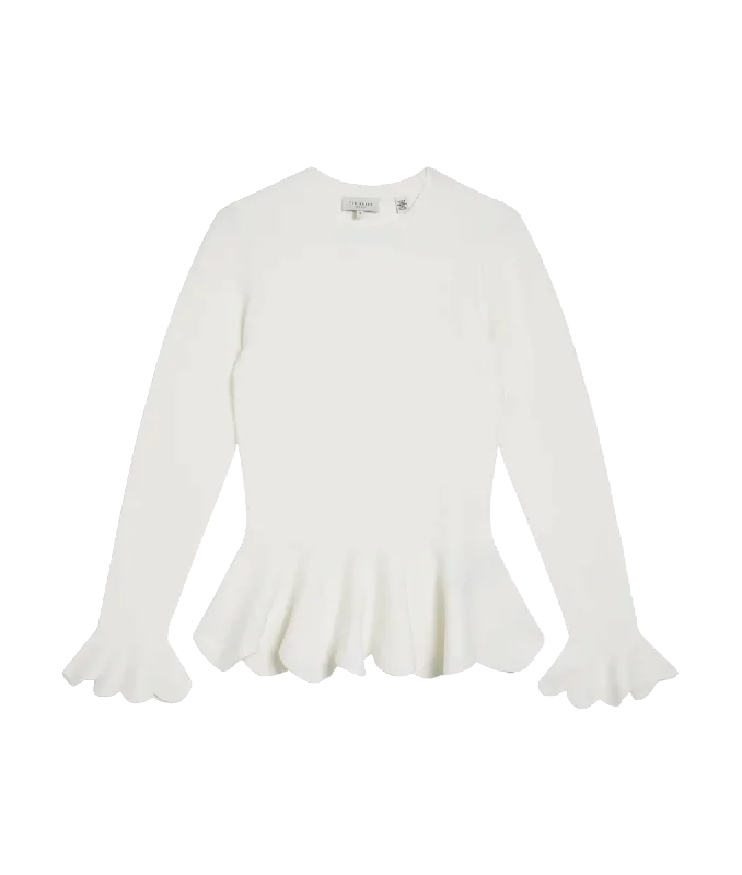 Lillyyy Long Sleeve Scalloped Peplum Top - White