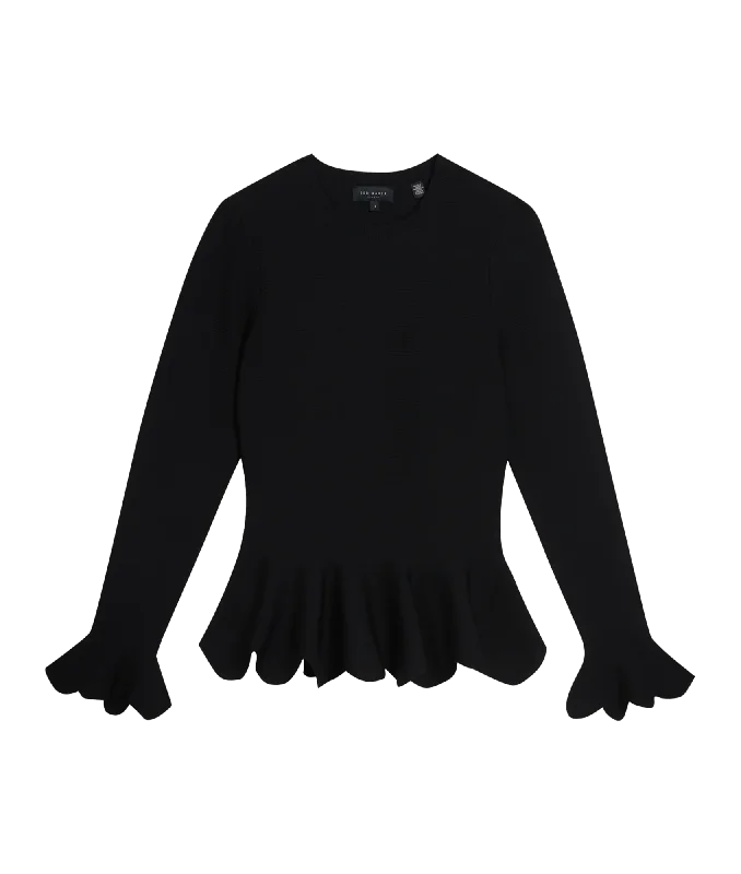 Lillyyy Long Sleeve Scalloped Peplum Top - Black