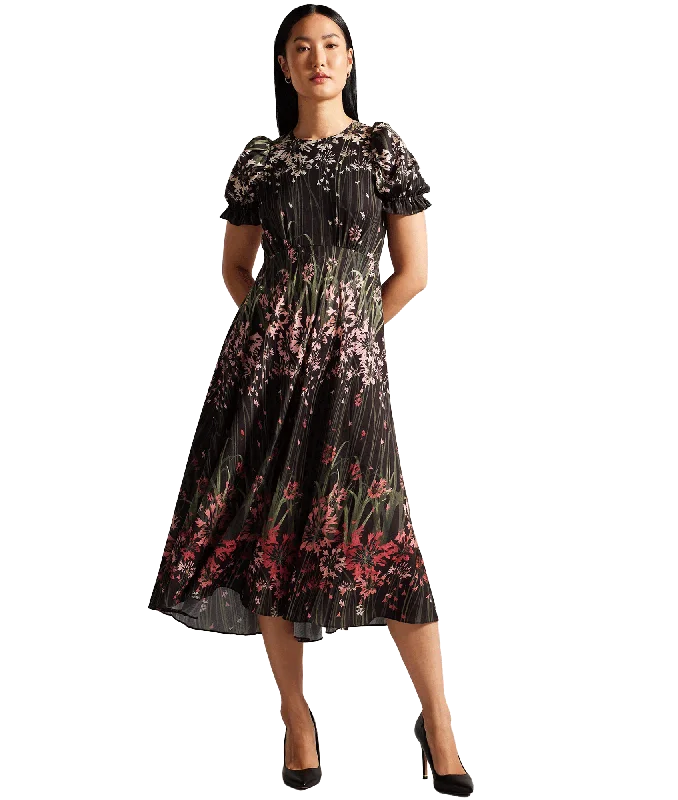 Floral Midi Dress With Puff Sleeves - Black