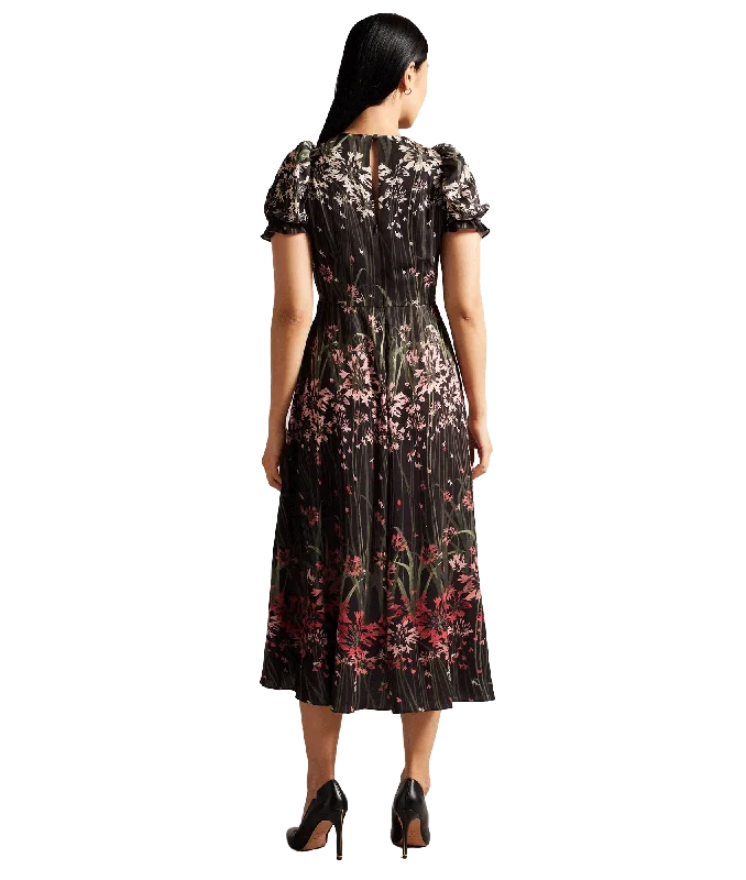 Floral Midi Dress With Puff Sleeves - Black