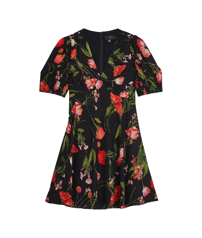 Floral Mini Tea Dress With Puff Sleeves - Black