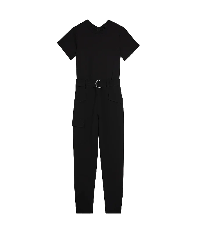 High Waisted Belted Cargo Jumpsuit - Black