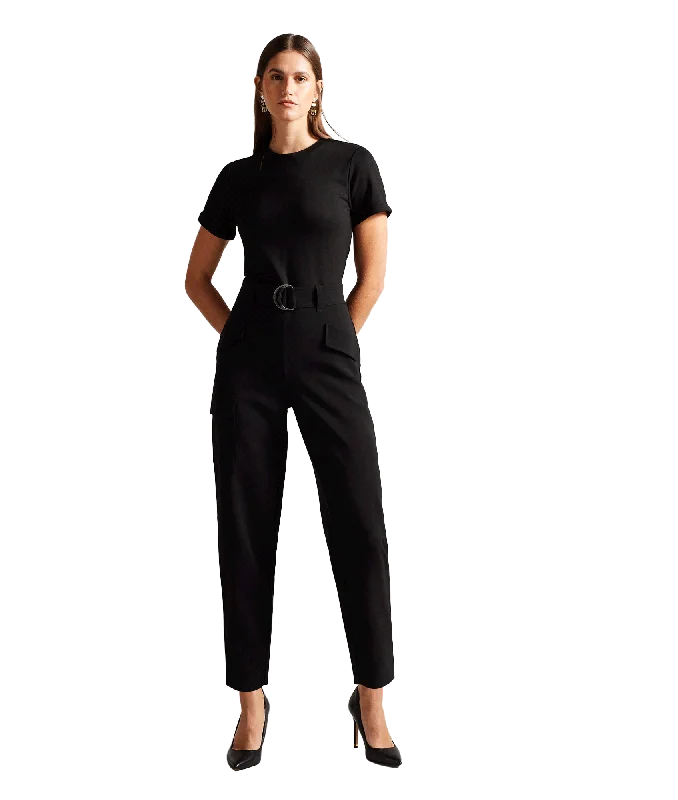 High Waisted Belted Cargo Jumpsuit - Black