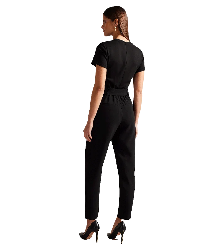 High Waisted Belted Cargo Jumpsuit - Black