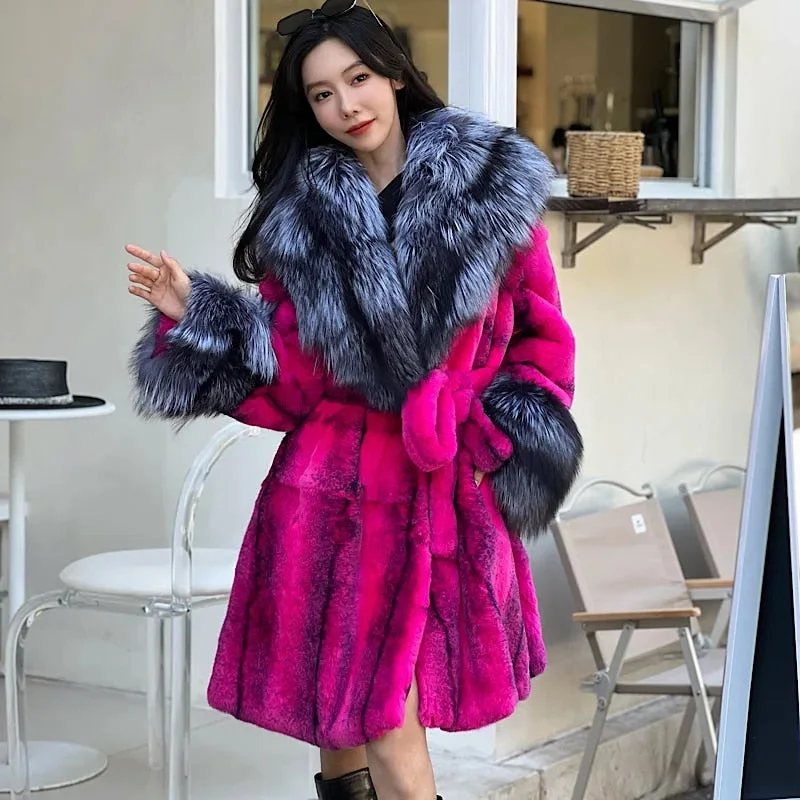 Real Rex Rabbit Fur Coats Fox Lapel Collar