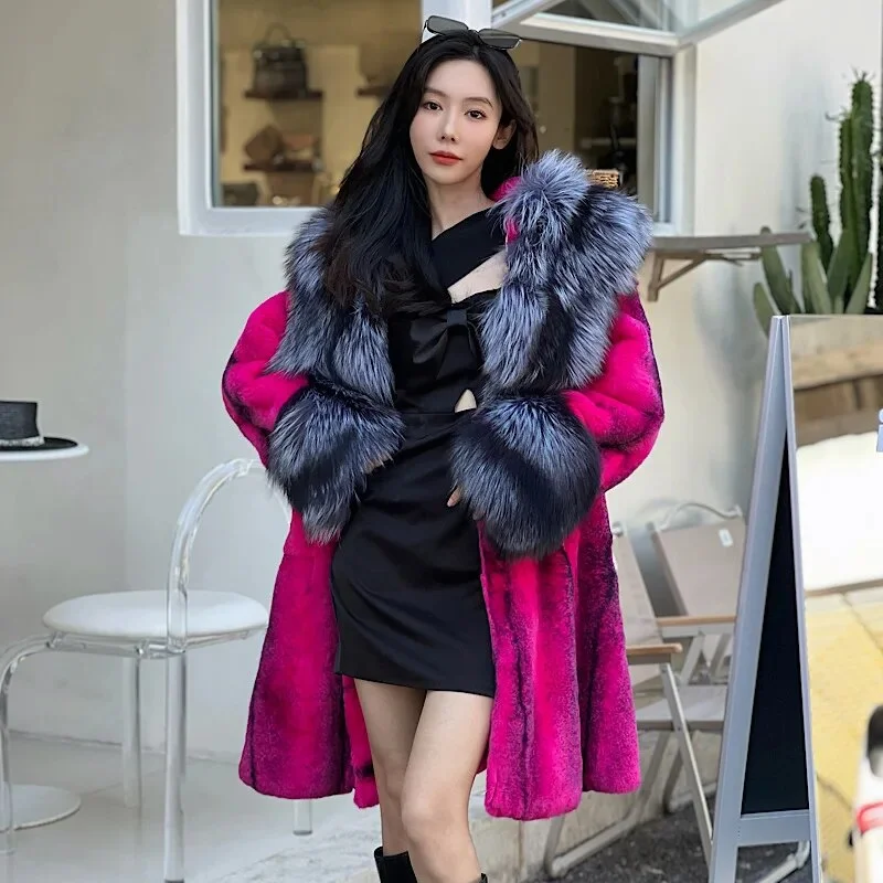 Real Rex Rabbit Fur Coats Fox Lapel Collar