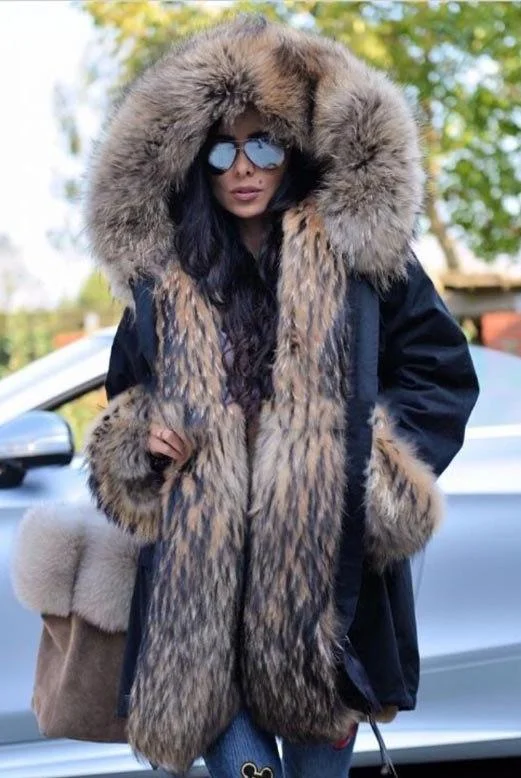 Black Full Pelt Real Fur Collar Parka Long Coat