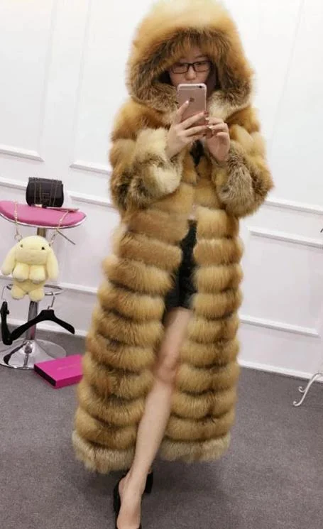 Luxury Real Fox Fur Maxi Hooded Coats