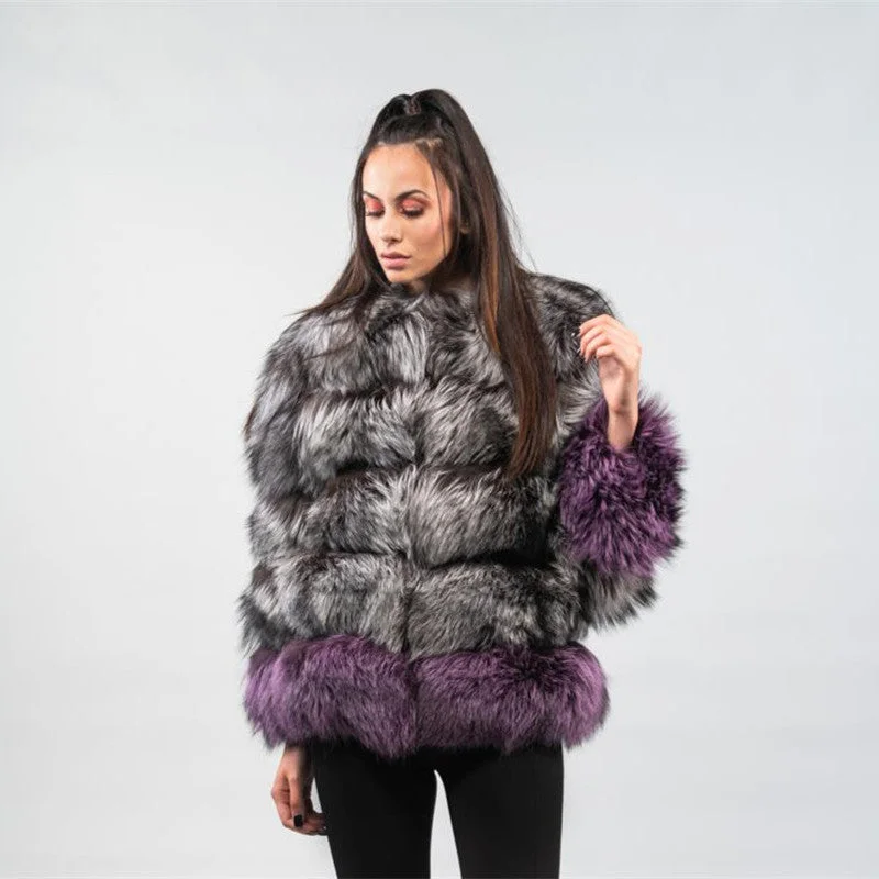 Luxury Silver + Purple Real Fox Fur Thick Coat