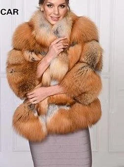 Real Gold Red Fox Fur With Mandarin Fur Collar Thick Warm Coat