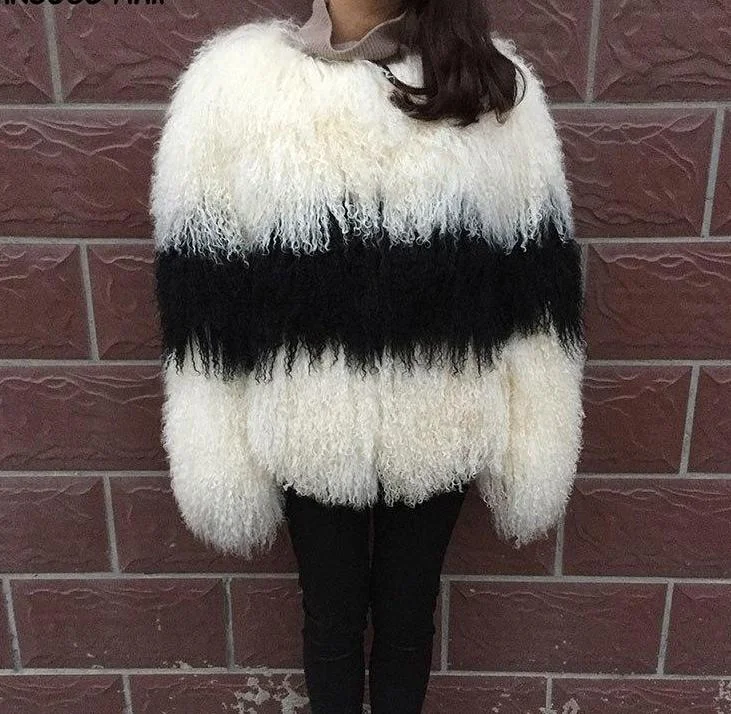 Black Stripe Real Mongolian Sheep Fur Coats