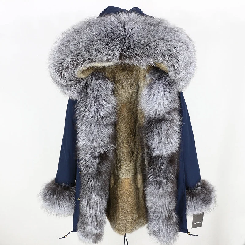 Real Silver Fox Fur Collar Cuff Parka Rabbit Fur Liner Coats