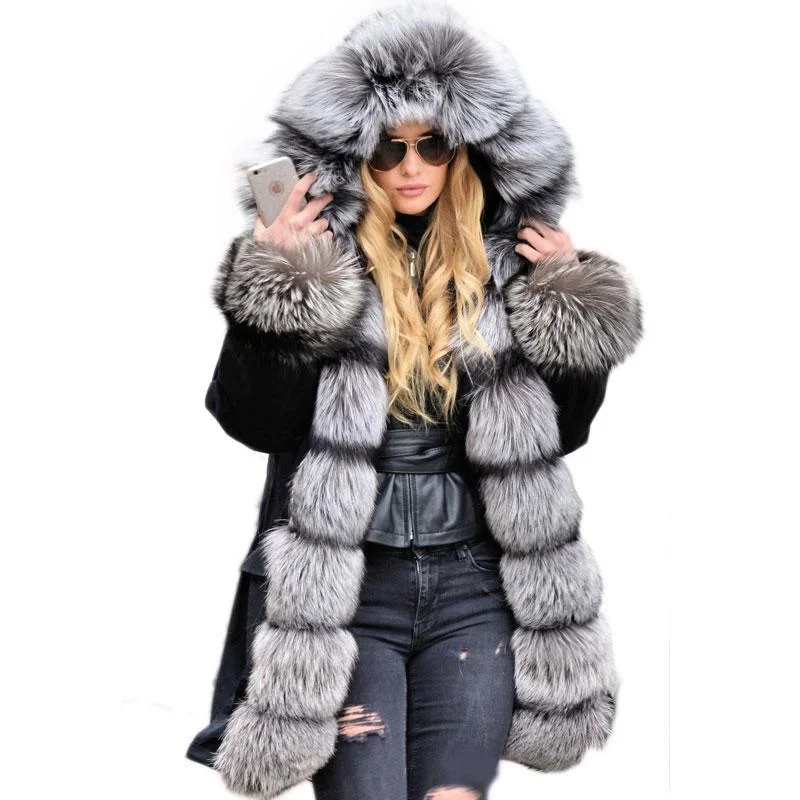 Real Silver Fox Fur Collar  Real Rex Rabbit Fur Liner Loose Coat