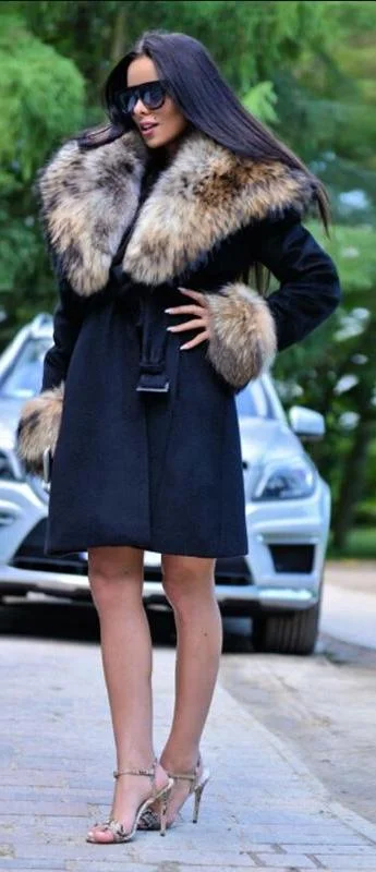 Thick Real Fur Collar Hood and Cuffs Black Long Coat