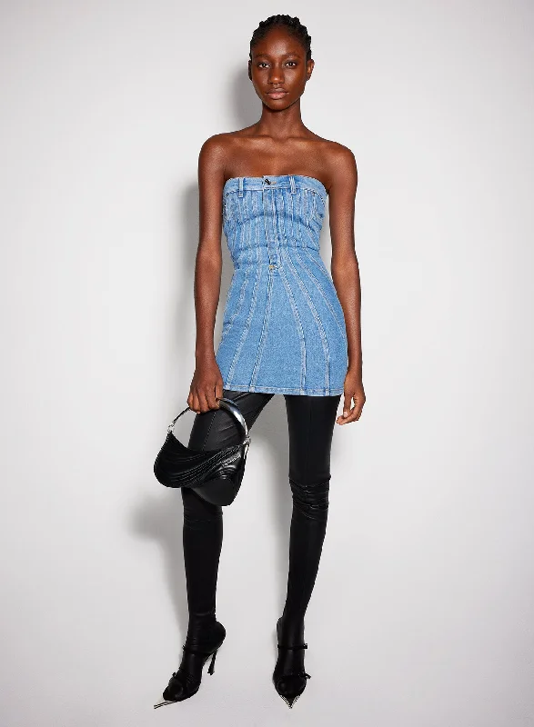 blue spiral denim bustier dress