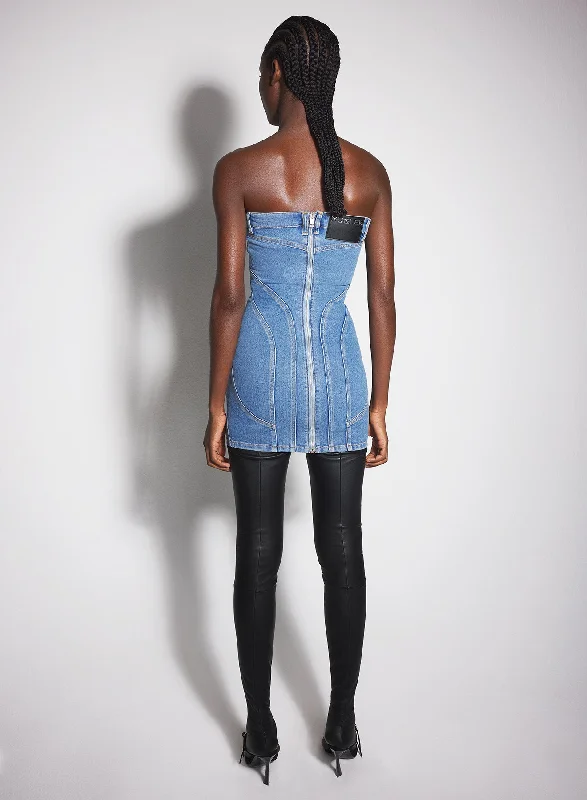 blue spiral denim bustier dress