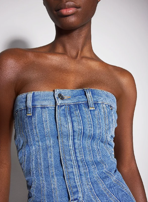 blue spiral denim bustier dress