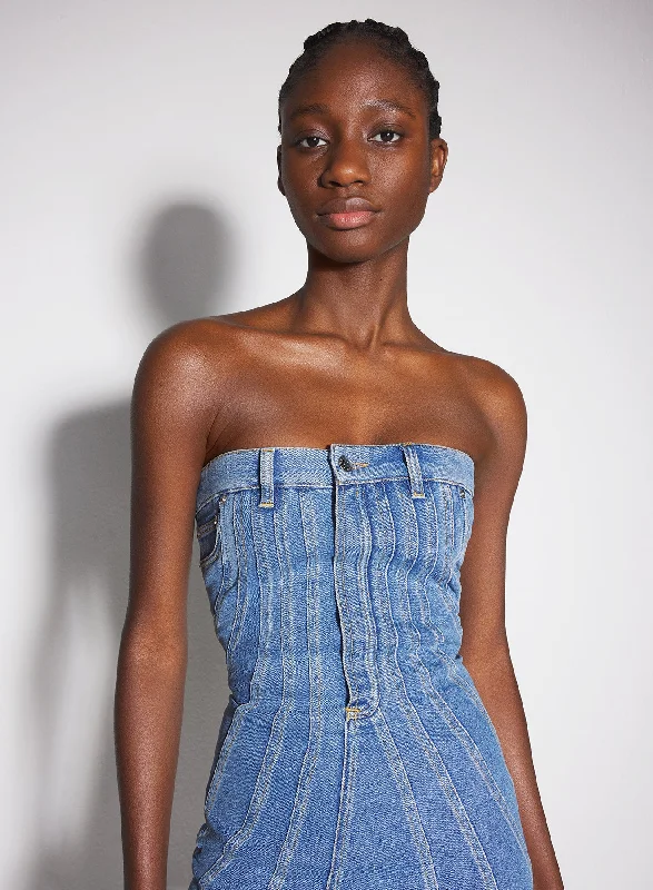 blue spiral denim bustier dress