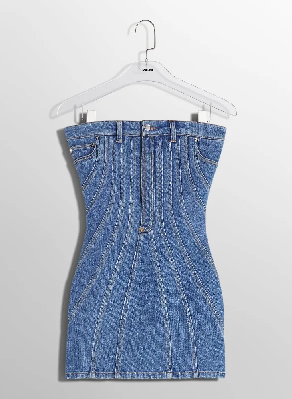 blue spiral denim bustier dress