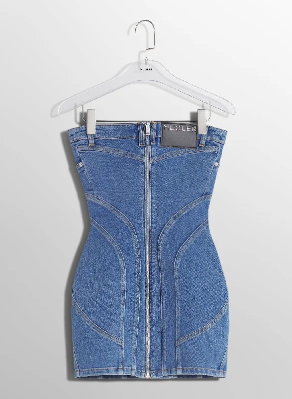 blue spiral denim bustier dress