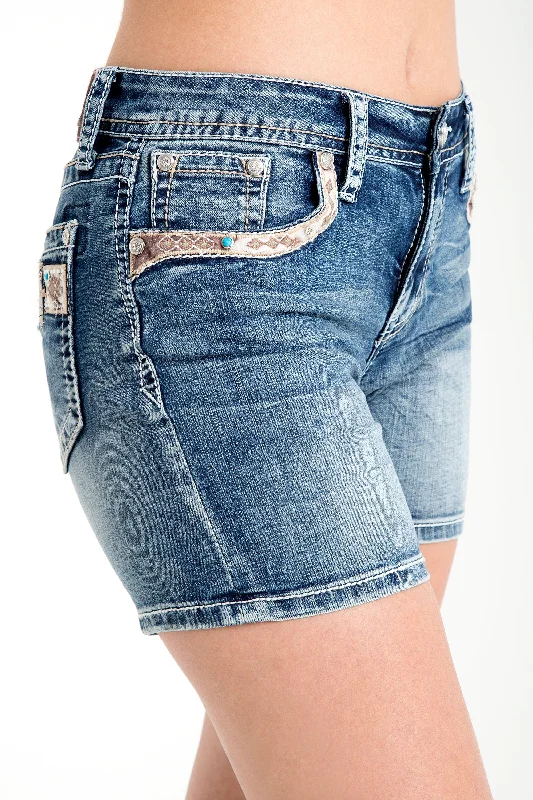 Buckle/ Aztec Details Mid Rise Jean Shorts