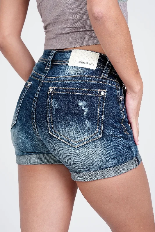 Distressed Medium Wash Mid Rise Denim Shorts