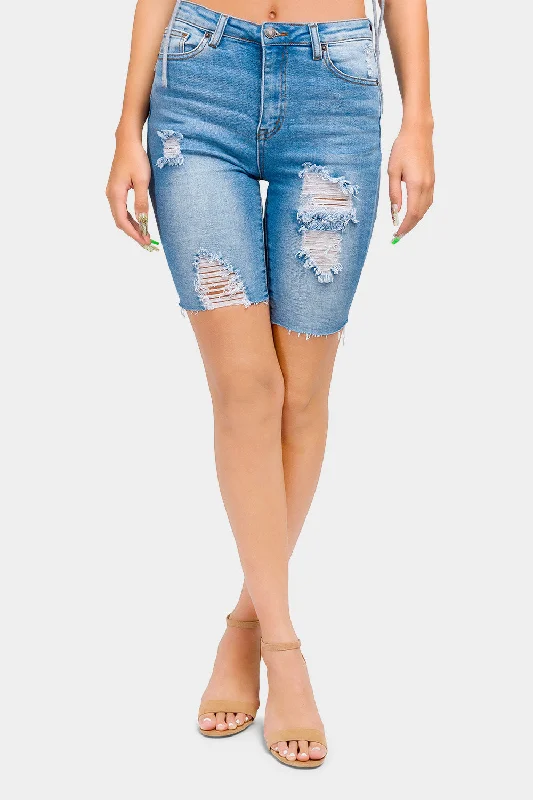 Distressed Skinny Denim Bermuda Shorts