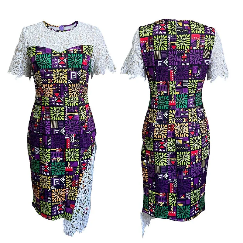 NiDELL D186 European and American Women's Clothing . Summer New Printed Stitching Lace Temperament Ol Sheath African Cross-Border Dress