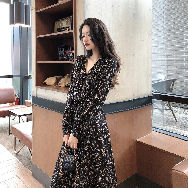 NiDELL Fresh Floral Dress . Spring and Autumn New French Style Young Tea Break Platycodon Grandiflorum Fairy Retro Ankle Dress