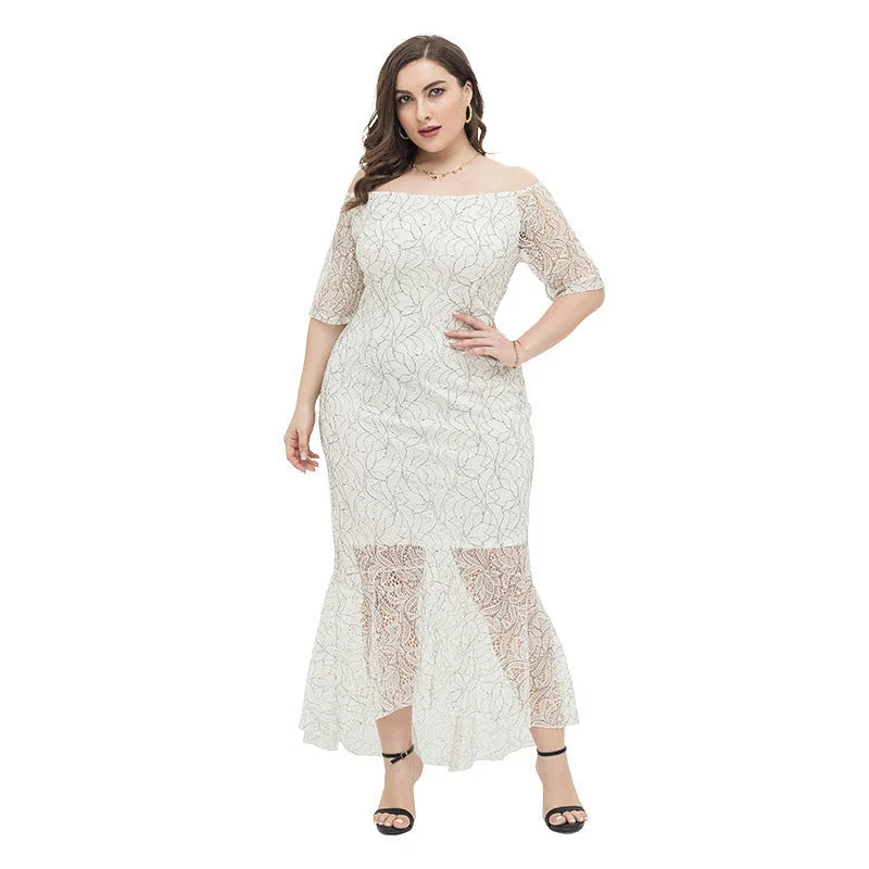 NiDELL Qicai European and American Foreign Trade Large Size Women's Clothing Plump Girls off-Shoulder Sexy Slim Lace Dress Cross-Border Fx200056