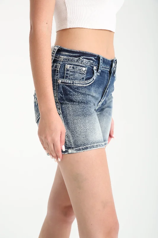 Stars Embellished Mid Rise Denim Shorts