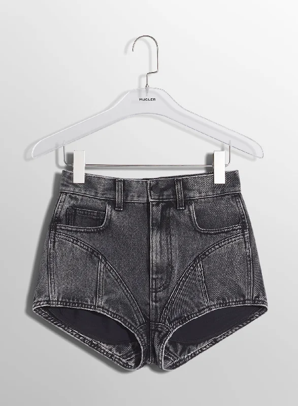 washed black bi-material denim shorts