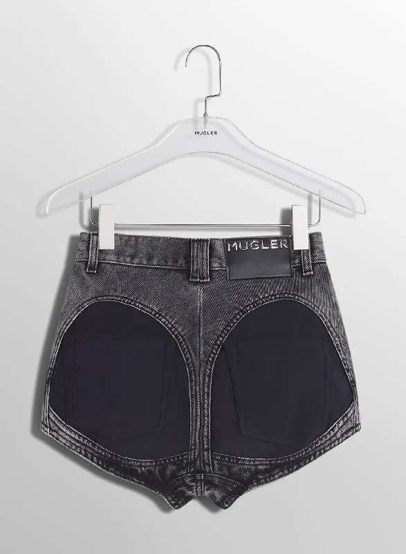 washed black bi-material denim shorts