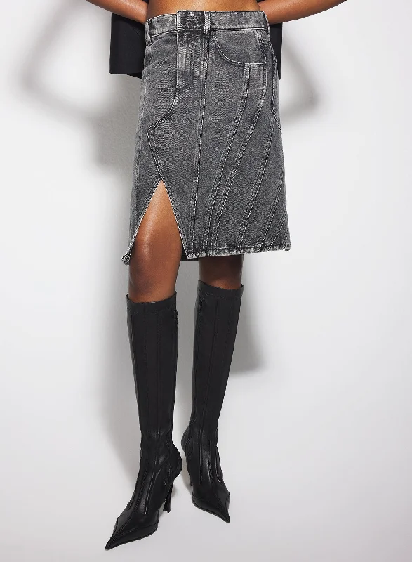 washed black spiral denim skirt