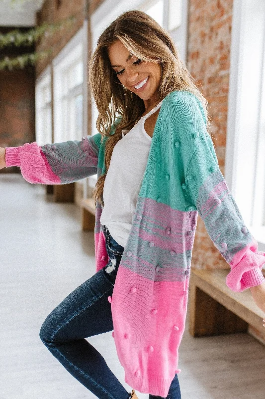 Angelica Pompom Color Block Cardigan | S-XL