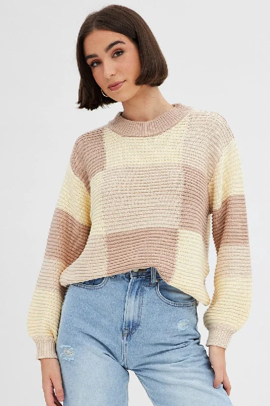 Beige Knit Top Round Neck Long Sleeve Patchwork