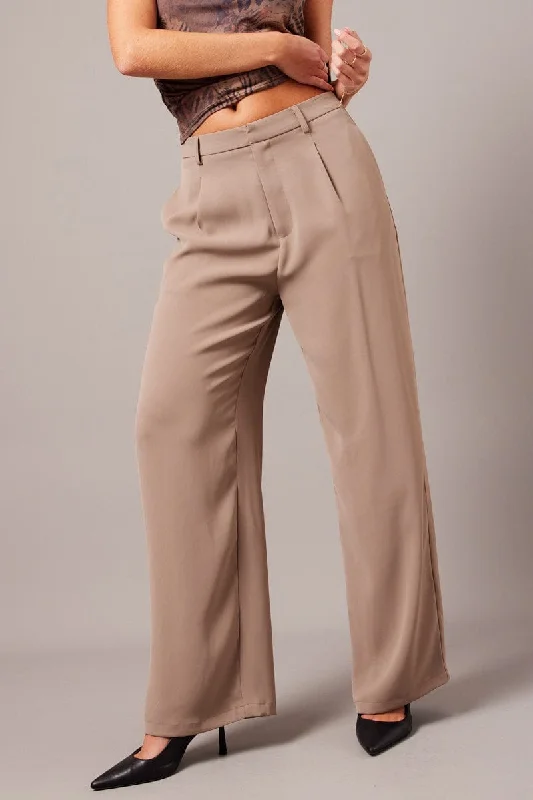 Beige Wide Leg Pants High Rise